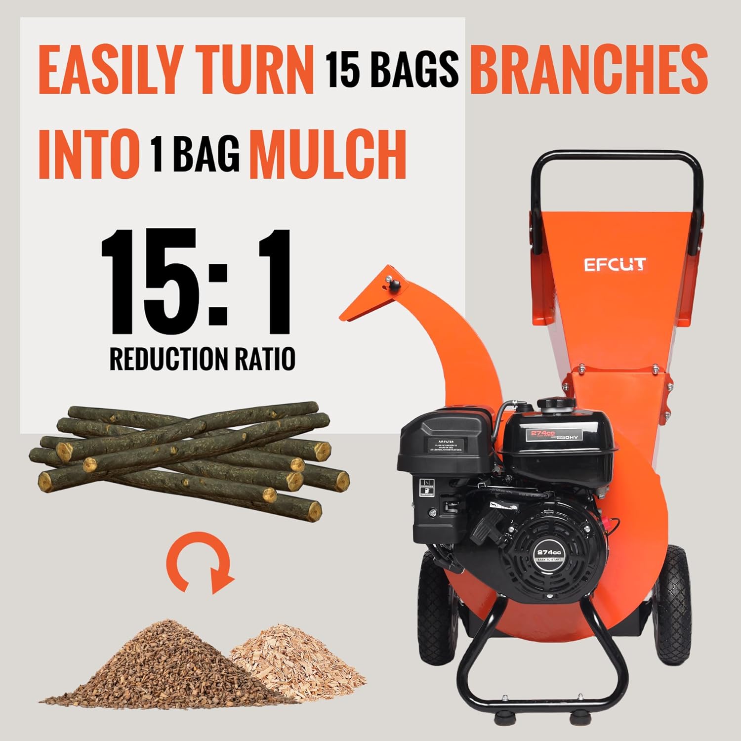 C40 Wood Chipper 4" inch Max Diameter Capacity 9 HP 274cc Gas Powered Engine Heavy Duty Shredder Mulcher - Image 5