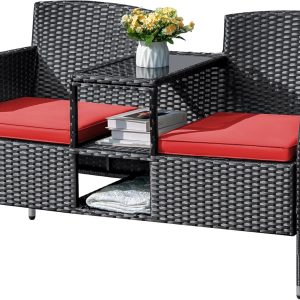 Flamaker Outdoor Furniture Patio Loveseat Wicker 2-Seat with Built-in Table and Cushions Rattan Porch Chairs Bench for Balcony, Lawn, Backyard (Beige)