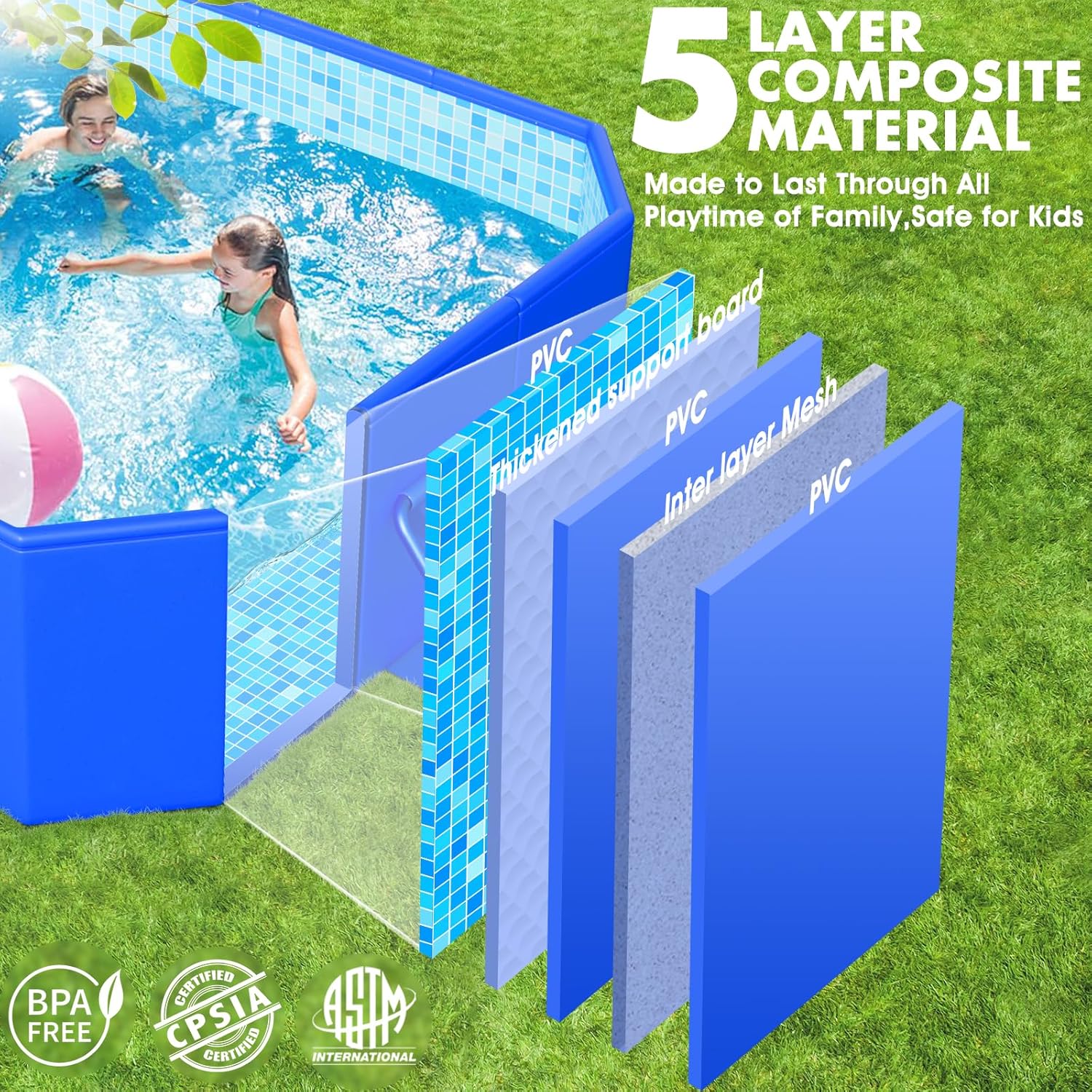 Foldable Pool, Large Non-Inflatable Swimming Pool For Kids,Adult Collapsible Pools Hard Plastic Shell, Oversized Thickened,Portable Folding Kids Pools for Backyard-Mosaic Design-115"x66"x20" - Image 3