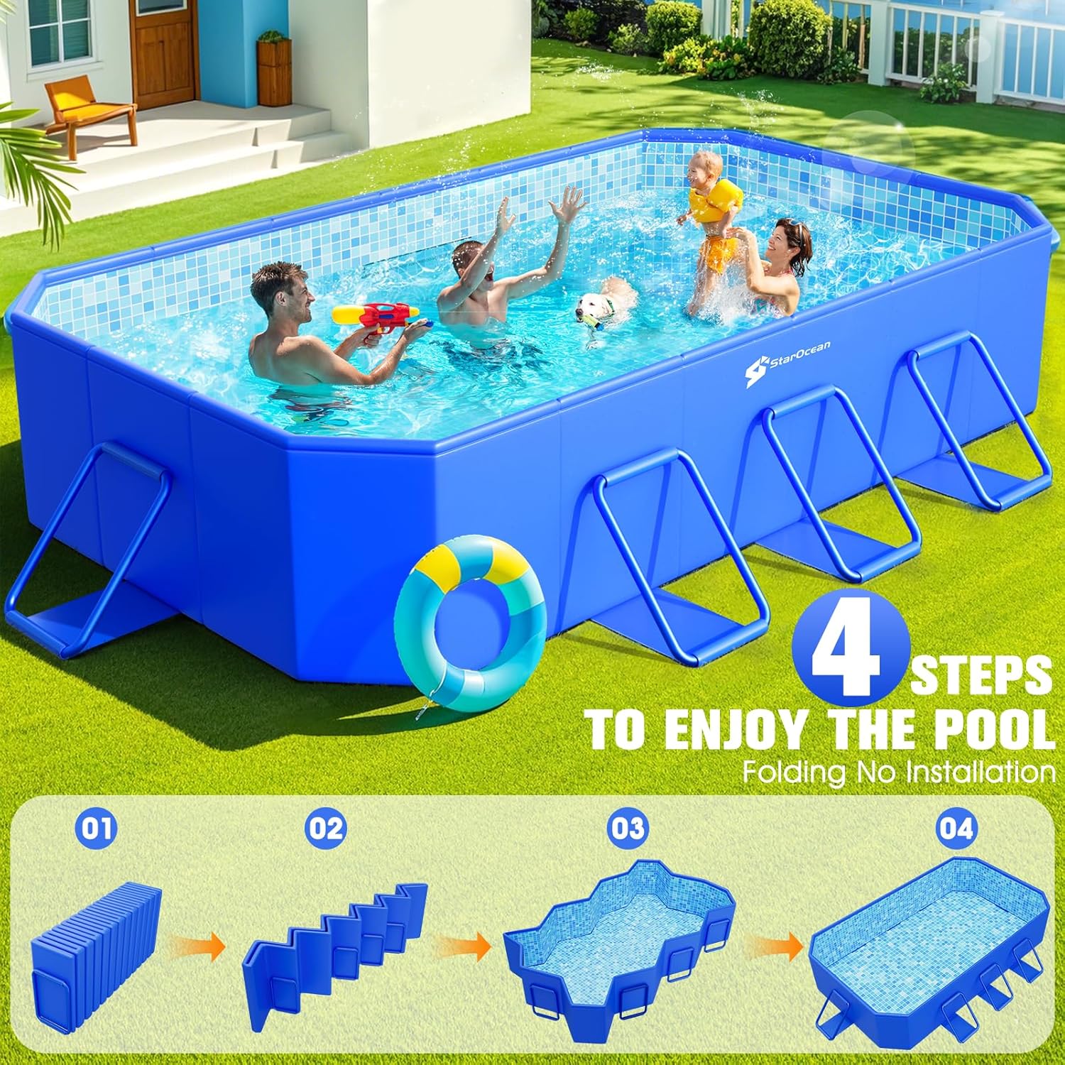 Foldable Pool, Large Non-Inflatable Swimming Pool For Kids,Adult Collapsible Pools Hard Plastic Shell, Oversized Thickened,Portable Folding Kids Pools for Backyard-Mosaic Design-115"x66"x20" - Image 4