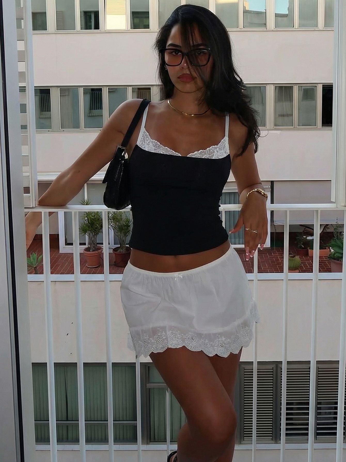 Women's Black Lace-Trim Spaghetti Strap Camisole – Contrast Lace Scoop Neck Tank Top - Image 2